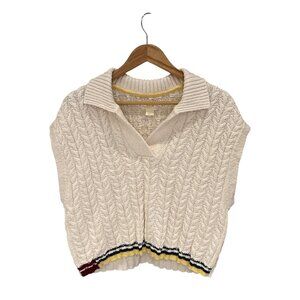 NWT Mauve Cable Knit Sweater Vest – Preppy Collared V-Neck, Varsity Striped Hem,
